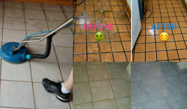 This picture shows three different looks of a tile floor being cleaned. It also shows complete before and after views.